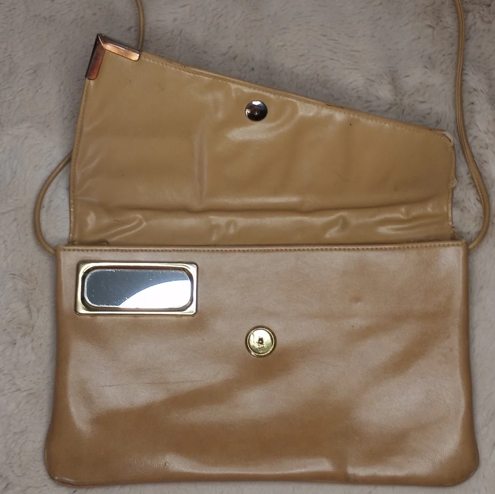 Vintage 80's Asymetric Tan Shoulder Bag With Iconic Built In Lipstick Mirror
